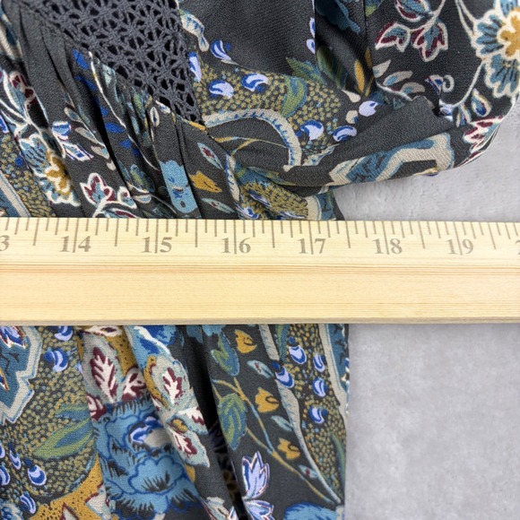 Free People Mini Dress Sz S Paisley Lace Up Long Sleeve Boho Floral Green Blue - Picture 6 of 10